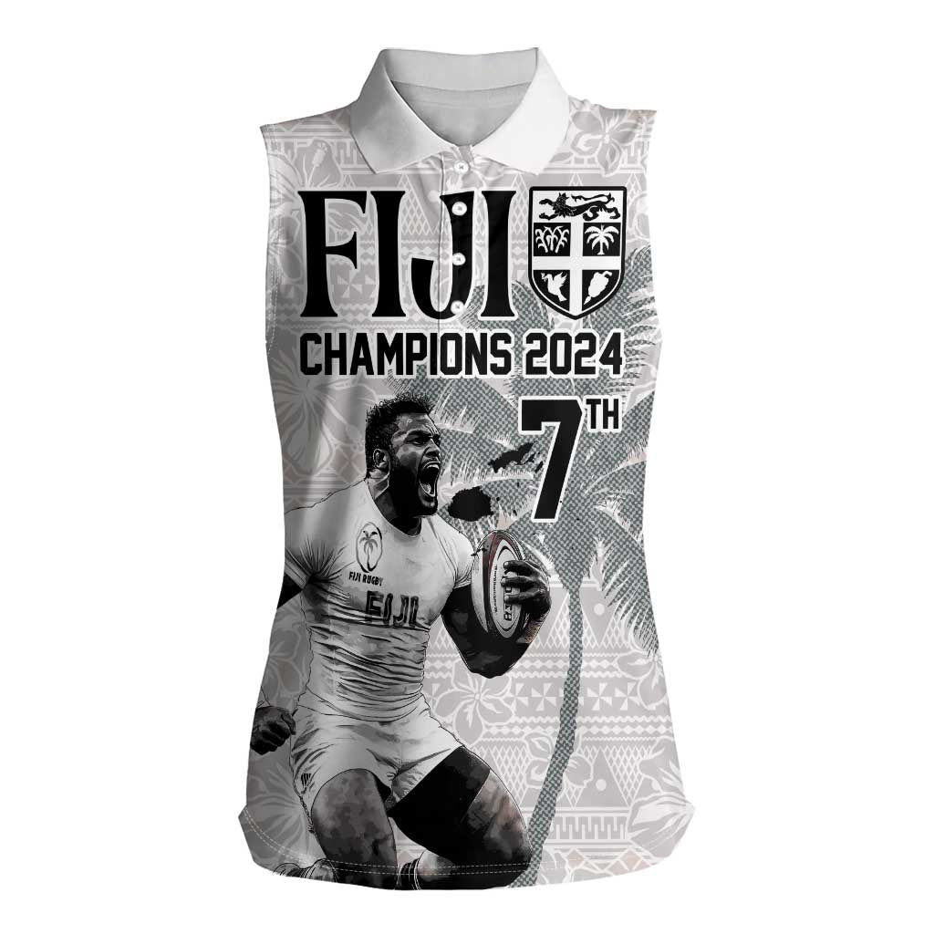 Custom Fiji Rugby Pacific Champions 2024 Women Sleeveless Polo Shirt Anniversary 7 Titles - Fijians Rugby and Tapa Hibiscus White Art LT03 Female White - Polynesian Pride