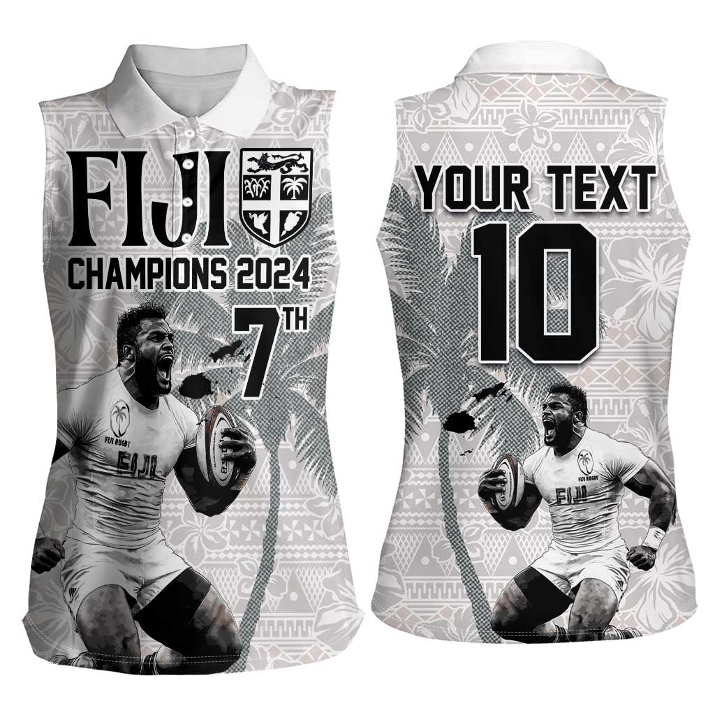 Custom Fiji Rugby Pacific Champions 2024 Women Sleeveless Polo Shirt Anniversary 7 Titles - Fijians Rugby and Tapa Hibiscus White Art LT03 - Polynesian Pride