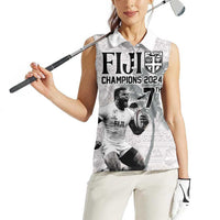 Custom Fiji Rugby Pacific Champions 2024 Women Sleeveless Polo Shirt Anniversary 7 Titles - Fijians Rugby and Tapa Hibiscus White Art LT03 - Polynesian Pride