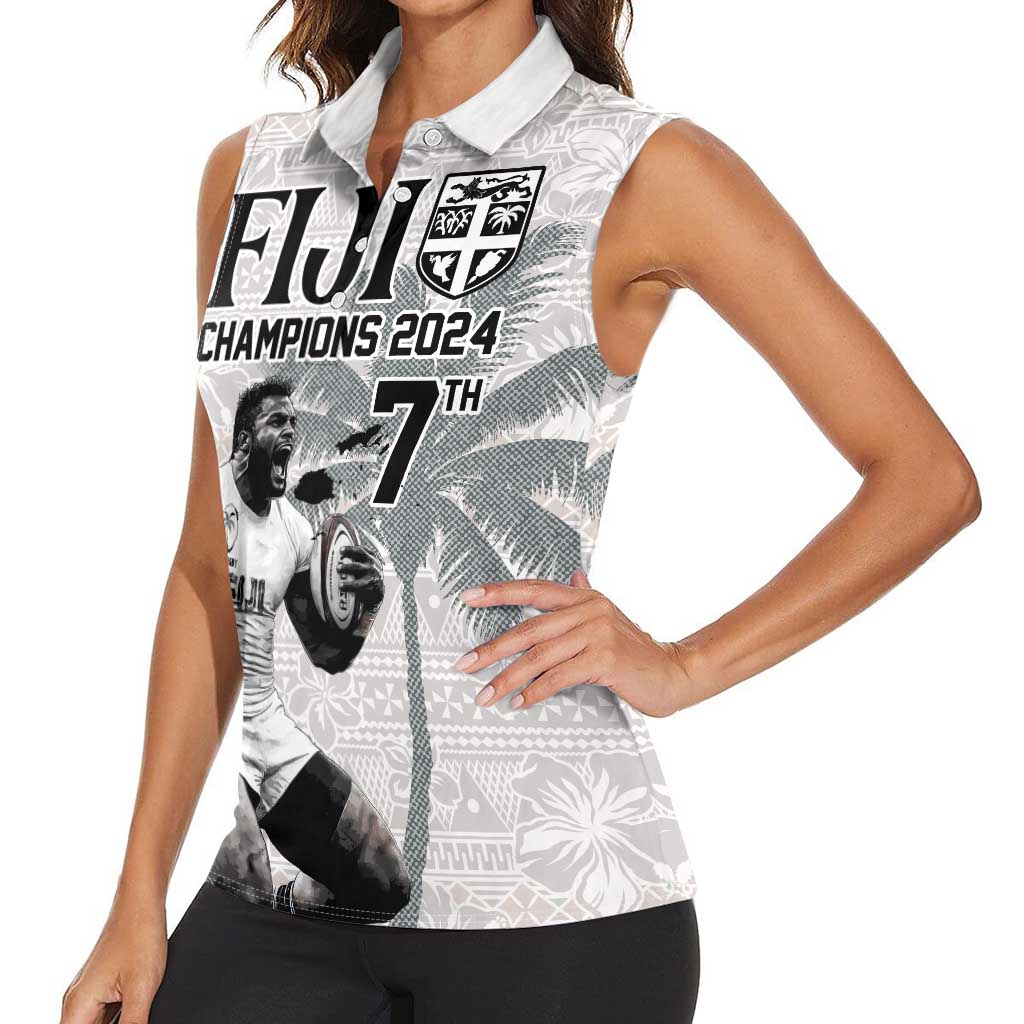 Custom Fiji Rugby Pacific Champions 2024 Women Sleeveless Polo Shirt Anniversary 7 Titles - Fijians Rugby and Tapa Hibiscus White Art LT03 - Polynesian Pride