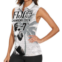 Custom Fiji Rugby Pacific Champions 2024 Women Sleeveless Polo Shirt Anniversary 7 Titles - Fijians Rugby and Tapa Hibiscus White Art LT03 - Polynesian Pride