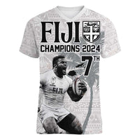 Custom Fiji Rugby Pacific Champions 2024 Women V-Neck T-Shirt Anniversary 7 Titles - Fijians Rugby and Tapa Hibiscus White Art LT03 Female White - Polynesian Pride