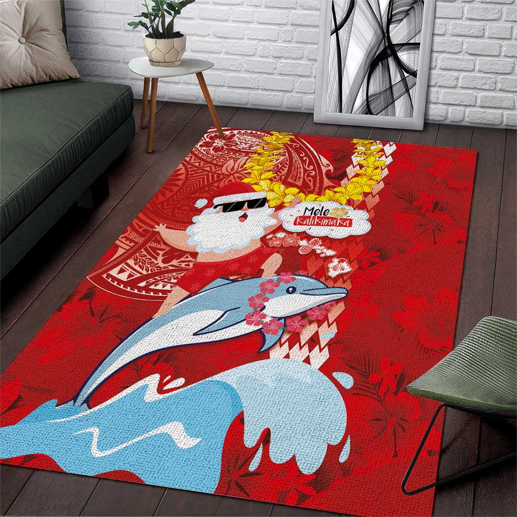 Hawaiian Mele Kalikimaka Area Rug Funny Santa Riding Lei Dolphin with Kakau Tattoos - Polynesian Pride
