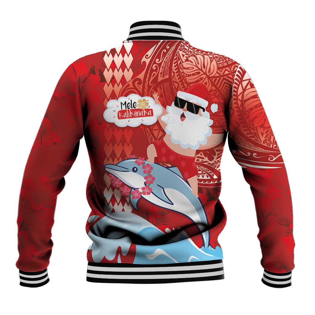 Hawaiian Mele Kalikimaka Baseball Jacket Funny Santa Riding Lei Dolphin with Kakau Tattoos - Polynesian Pride