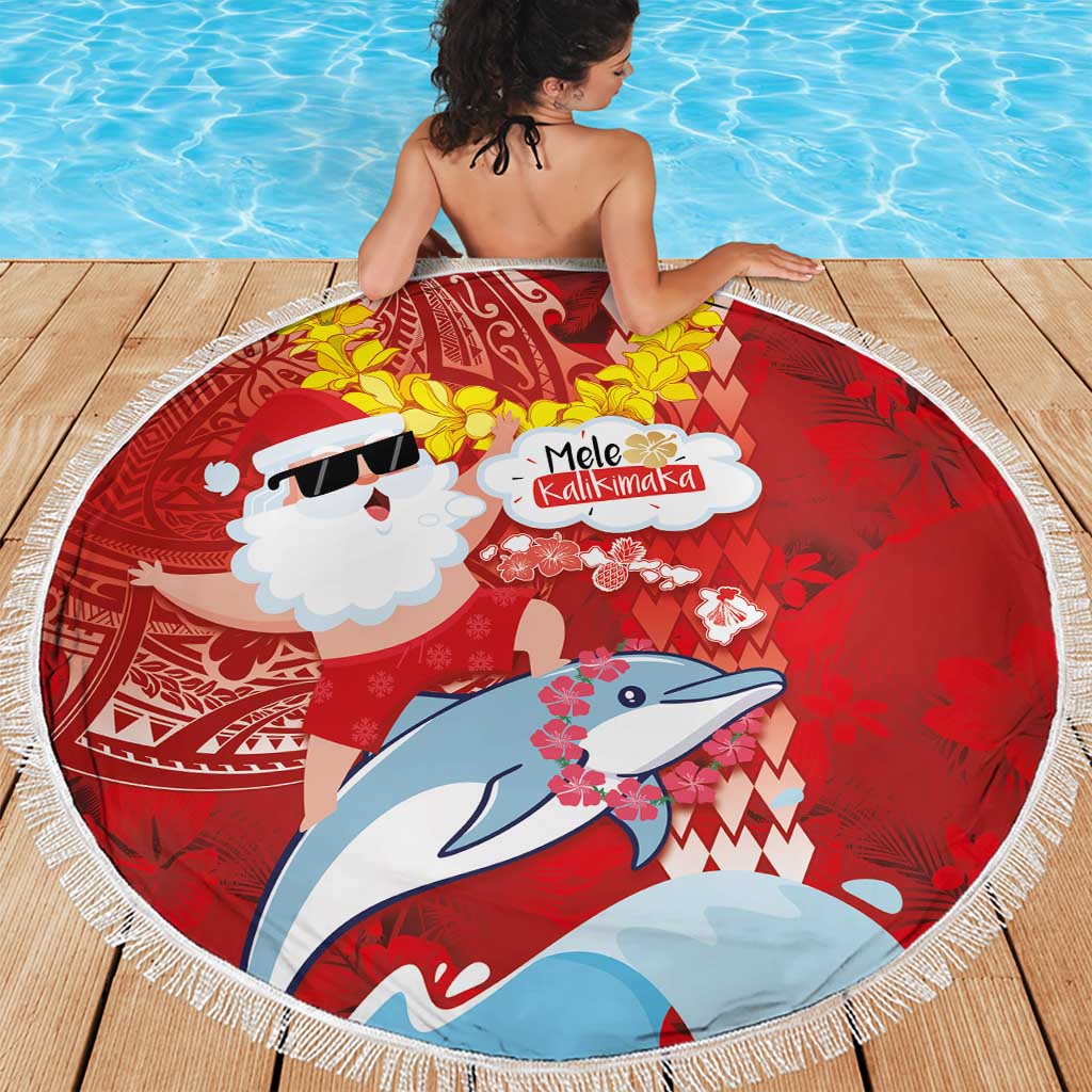 Hawaiian Mele Kalikimaka Beach Blanket Funny Santa Riding Lei Dolphin with Kakau Tattoos - Polynesian Pride