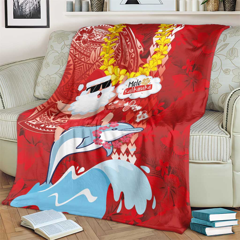 Hawaiian Mele Kalikimaka Blanket Funny Santa Riding Lei Dolphin with Kakau Tattoos - Polynesian Pride