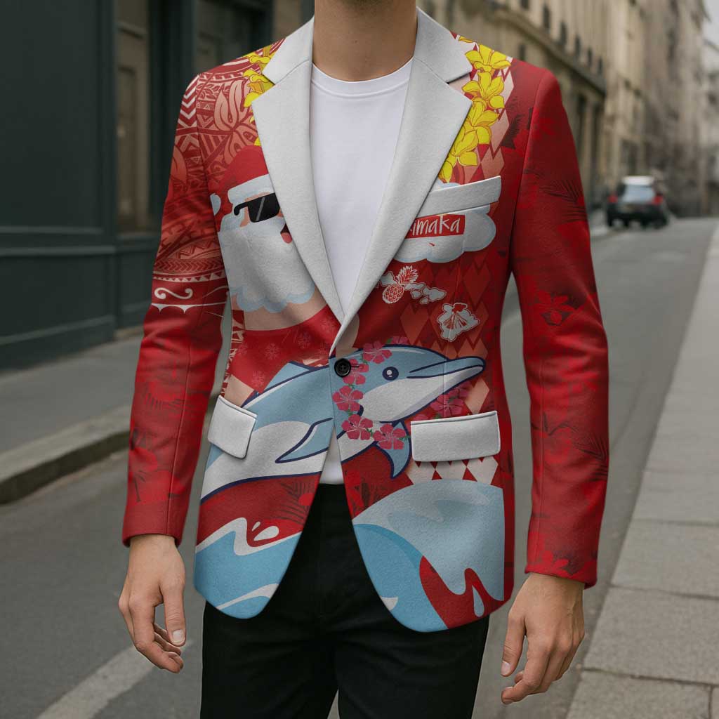 Hawaiian Mele Kalikimaka Blazer Funny Santa Riding Lei Dolphin with Kakau Tattoos - Polynesian Pride