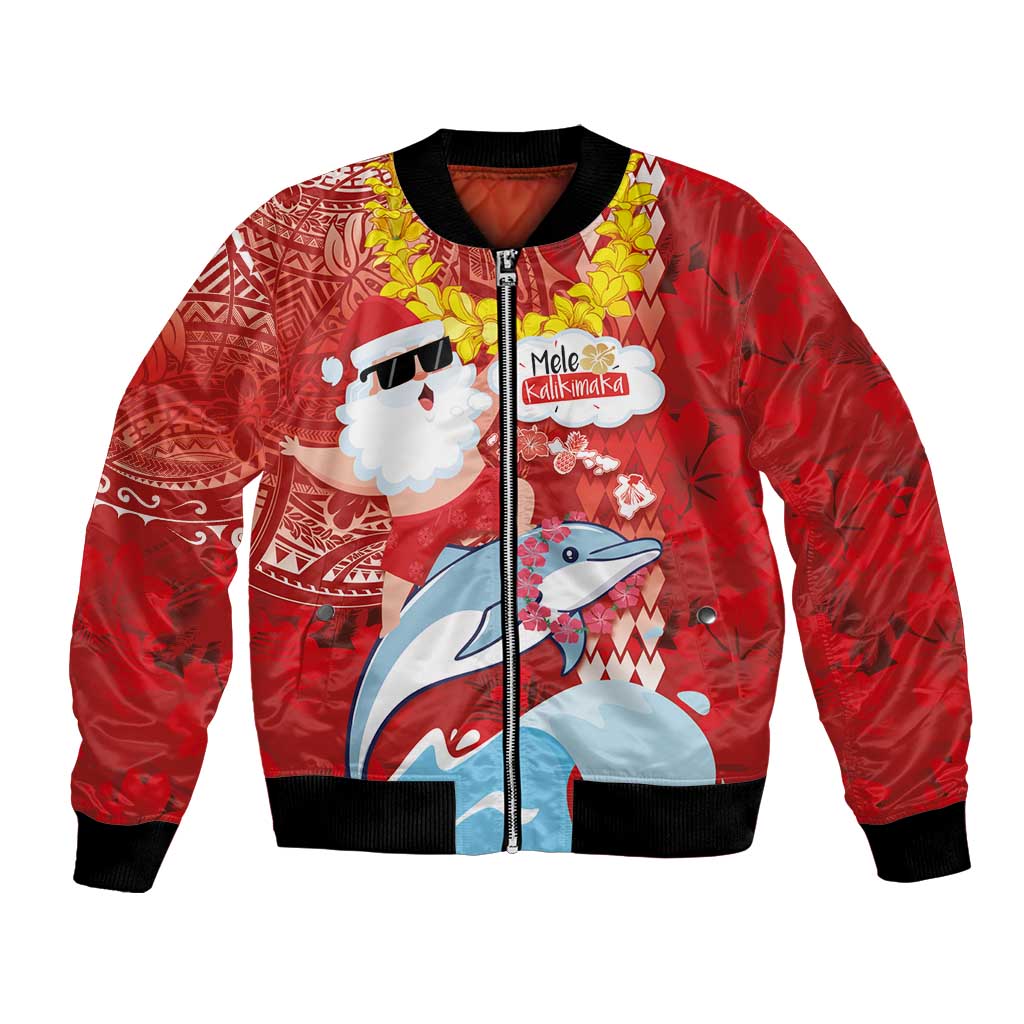 Hawaiian Mele Kalikimaka Bomber Jacket Funny Santa Riding Lei Dolphin with Kakau Tattoos - Polynesian Pride