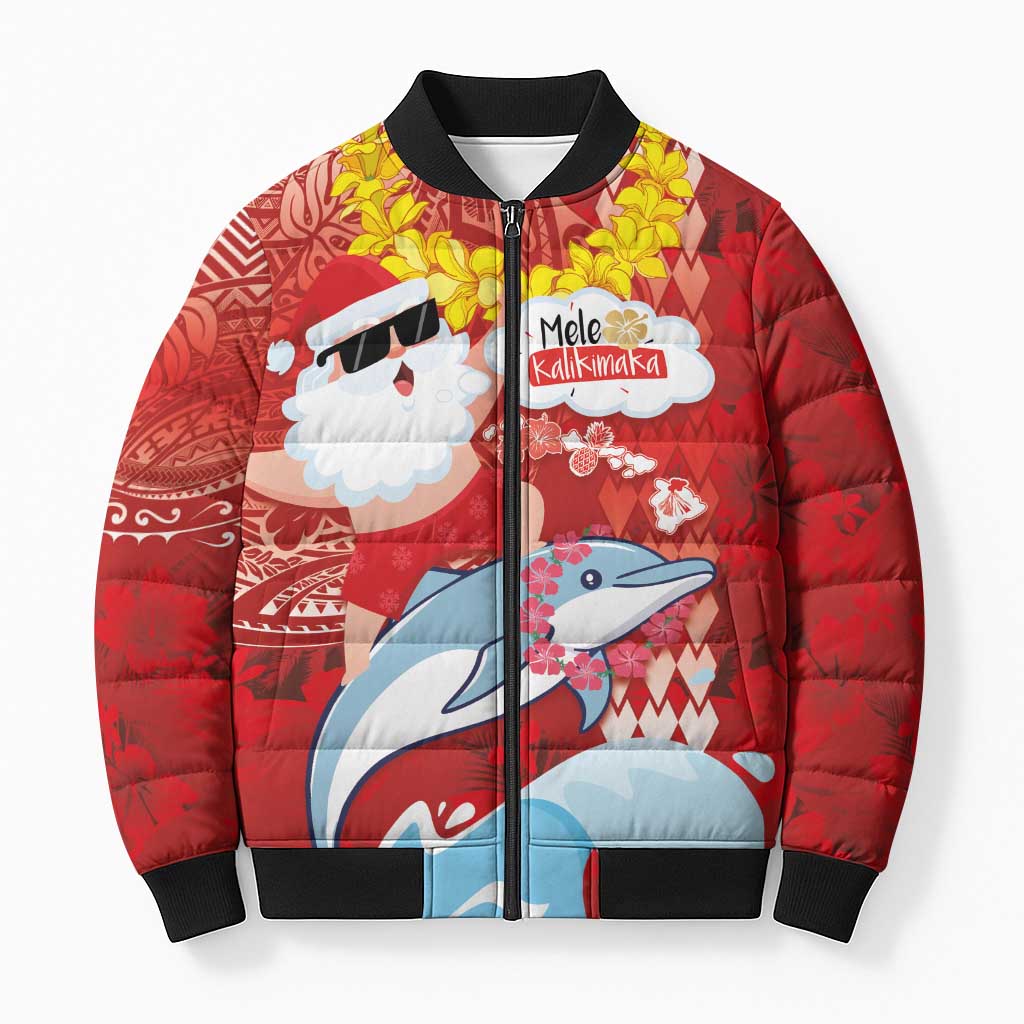 Hawaiian Mele Kalikimaka Bomber Puffer Jacket Funny Santa Riding Lei Dolphin with Kakau Tattoos - Polynesian Pride