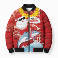 Hawaiian Mele Kalikimaka Bomber Puffer Jacket Funny Santa Riding Lei Dolphin with Kakau Tattoos - Polynesian Pride