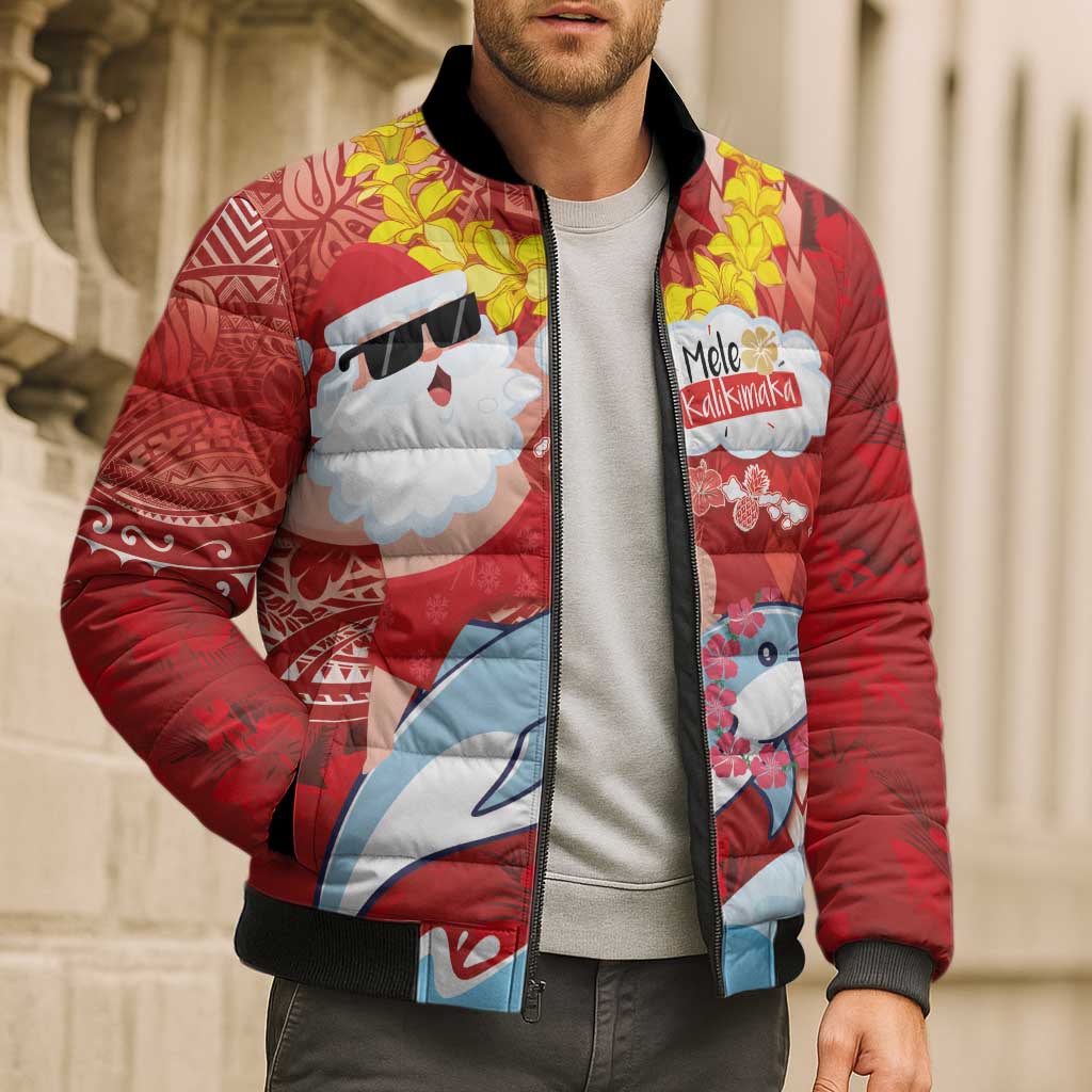 Hawaiian Mele Kalikimaka Bomber Puffer Jacket Funny Santa Riding Lei Dolphin with Kakau Tattoos - Polynesian Pride