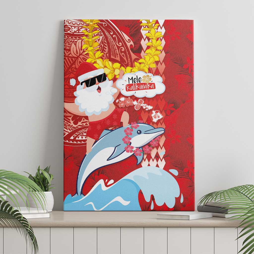 Hawaiian Mele Kalikimaka Canvas Wall Art Funny Santa Riding Lei Dolphin with Kakau Tattoos - Polynesian Pride