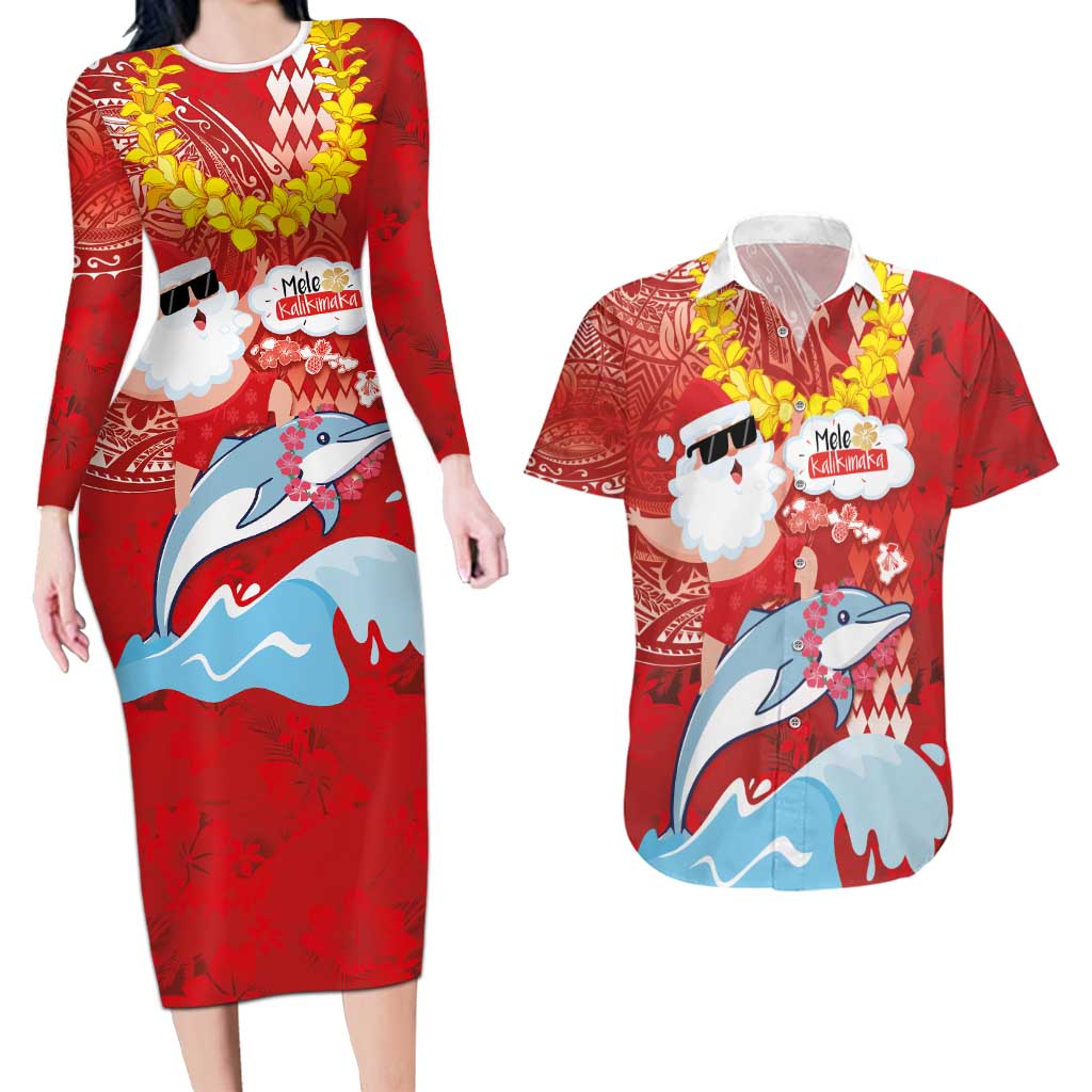 Hawaiian Mele Kalikimaka Couples Matching Long Sleeve Bodycon Dress and Hawaiian Shirt Funny Santa Riding Lei Dolphin with Kakau Tattoos - Polynesian Pride