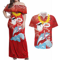 Hawaiian Mele Kalikimaka Couples Matching Off Shoulder Maxi Dress and Hawaiian Shirt Funny Santa Riding Lei Dolphin with Kakau Tattoos - Polynesian Pride