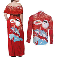 Hawaiian Mele Kalikimaka Couples Matching Off Shoulder Maxi Dress and Long Sleeve Button Shirt Funny Santa Riding Lei Dolphin with Kakau Tattoos - Polynesian Pride