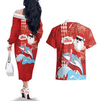 Hawaiian Mele Kalikimaka Couples Matching Off The Shoulder Long Sleeve Dress and Hawaiian Shirt Funny Santa Riding Lei Dolphin with Kakau Tattoos - Polynesian Pride