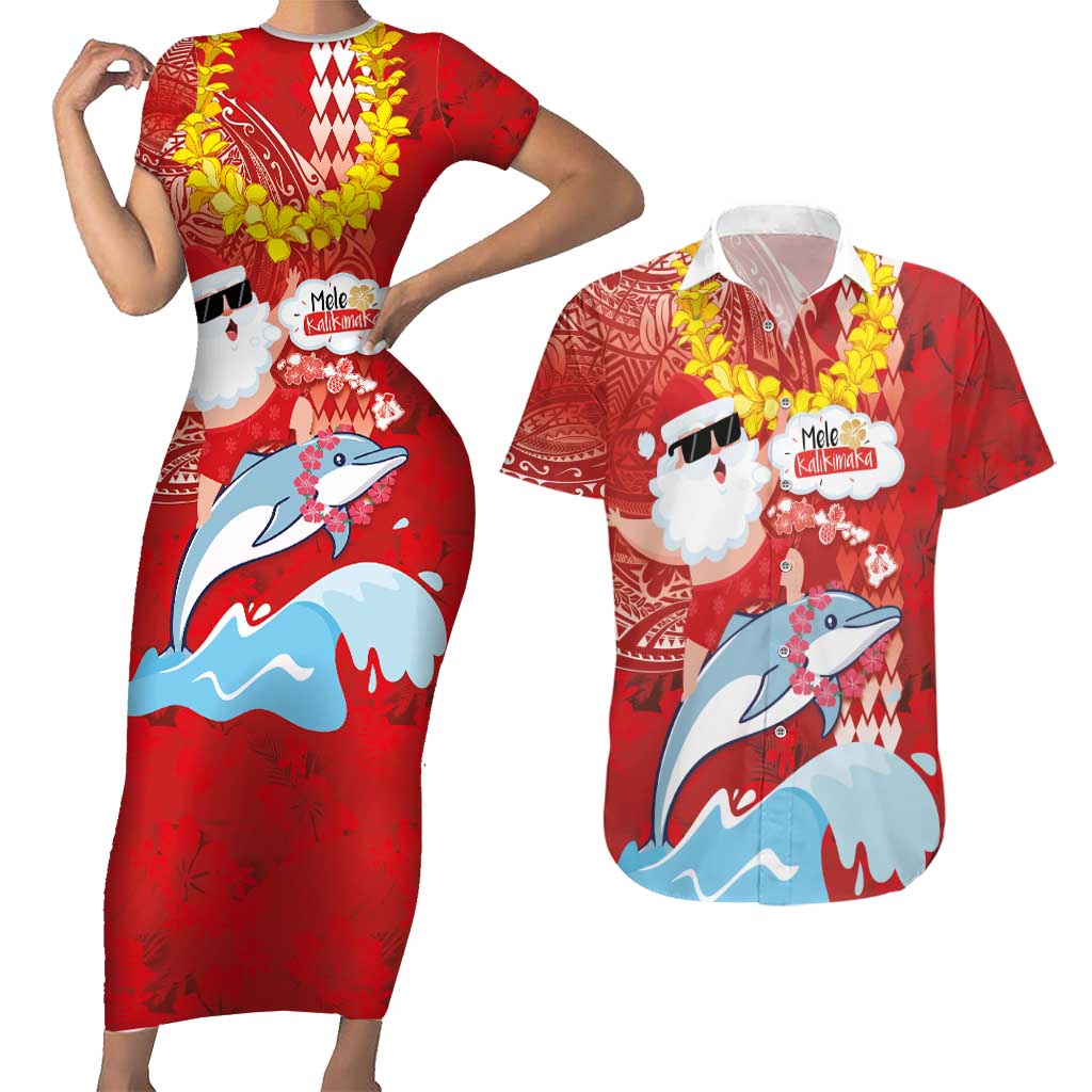 Hawaiian Mele Kalikimaka Couples Matching Short Sleeve Bodycon Dress and Hawaiian Shirt Funny Santa Riding Lei Dolphin with Kakau Tattoos - Polynesian Pride
