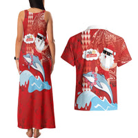 Hawaiian Mele Kalikimaka Couples Matching Tank Maxi Dress and Hawaiian Shirt Funny Santa Riding Lei Dolphin with Kakau Tattoos - Polynesian Pride