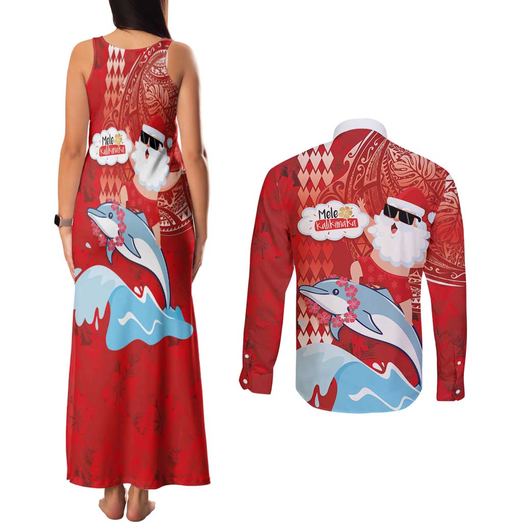 Hawaiian Mele Kalikimaka Couples Matching Tank Maxi Dress and Long Sleeve Button Shirt Funny Santa Riding Lei Dolphin with Kakau Tattoos - Polynesian Pride
