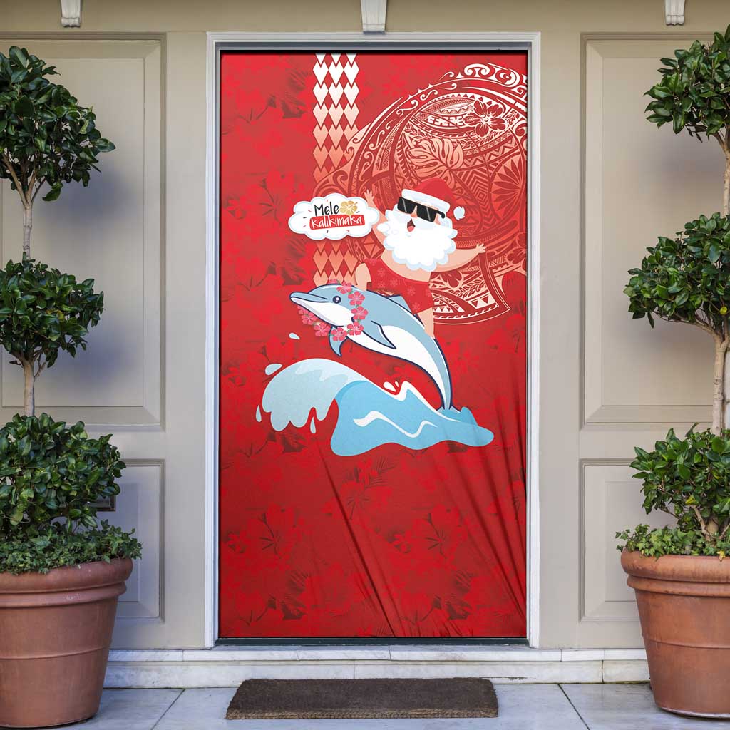 Hawaiian Mele Kalikimaka Door Cover Funny Santa Riding Lei Dolphin with Kakau Tattoos - Polynesian Pride