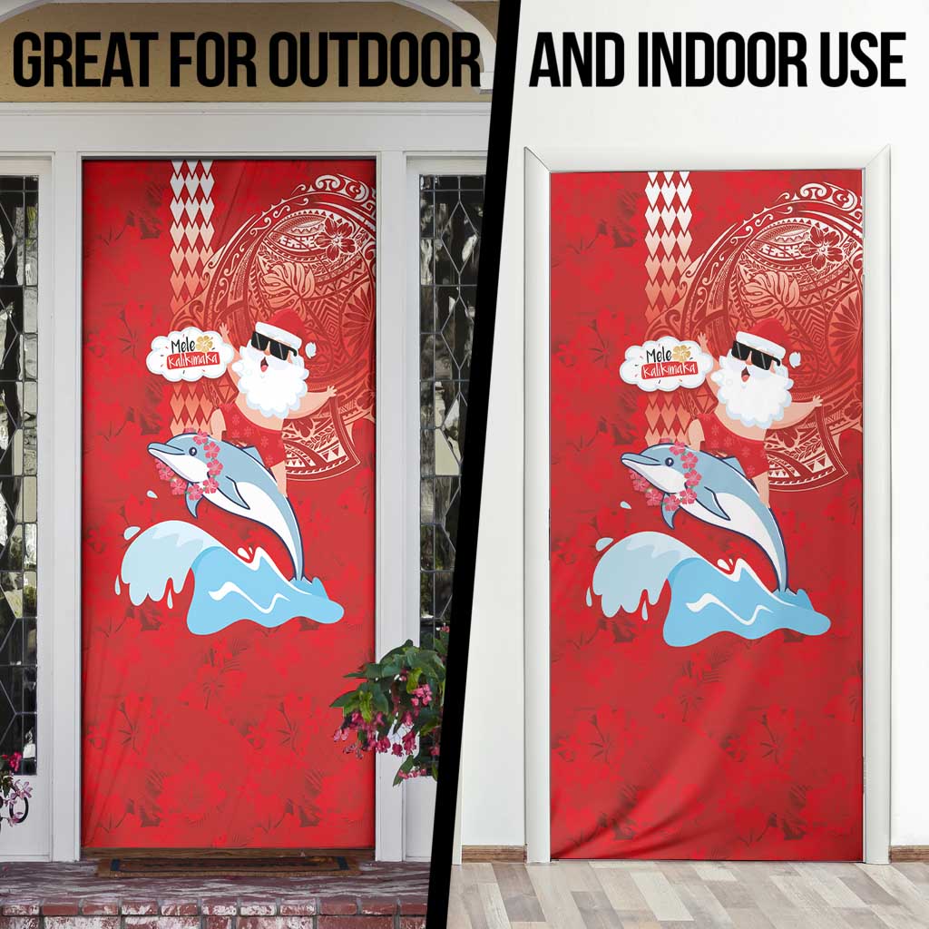 Hawaiian Mele Kalikimaka Door Cover Funny Santa Riding Lei Dolphin with Kakau Tattoos - Polynesian Pride