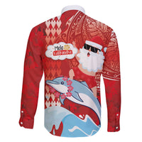 Hawaiian Mele Kalikimaka Family Matching Off The Shoulder Long Sleeve Dress and Hawaiian Shirt Funny Santa Riding Lei Dolphin with Kakau Tattoos - Polynesian Pride