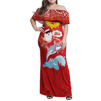 Hawaiian Mele Kalikimaka Family Matching Off Shoulder Maxi Dress and Hawaiian Shirt Funny Santa Riding Lei Dolphin with Kakau Tattoos - Polynesian Pride