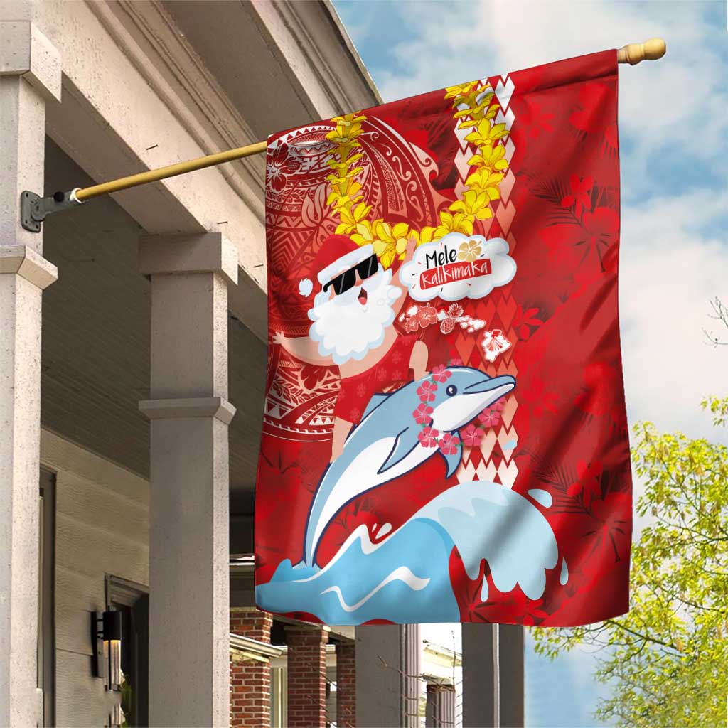 Hawaiian Mele Kalikimaka Garden Flag Funny Santa Riding Lei Dolphin with Kakau Tattoos - Polynesian Pride