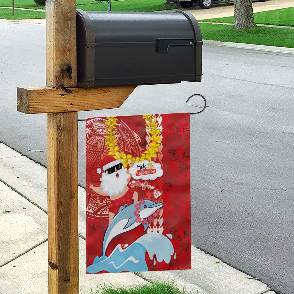 Hawaiian Mele Kalikimaka Garden Flag Funny Santa Riding Lei Dolphin with Kakau Tattoos - Polynesian Pride