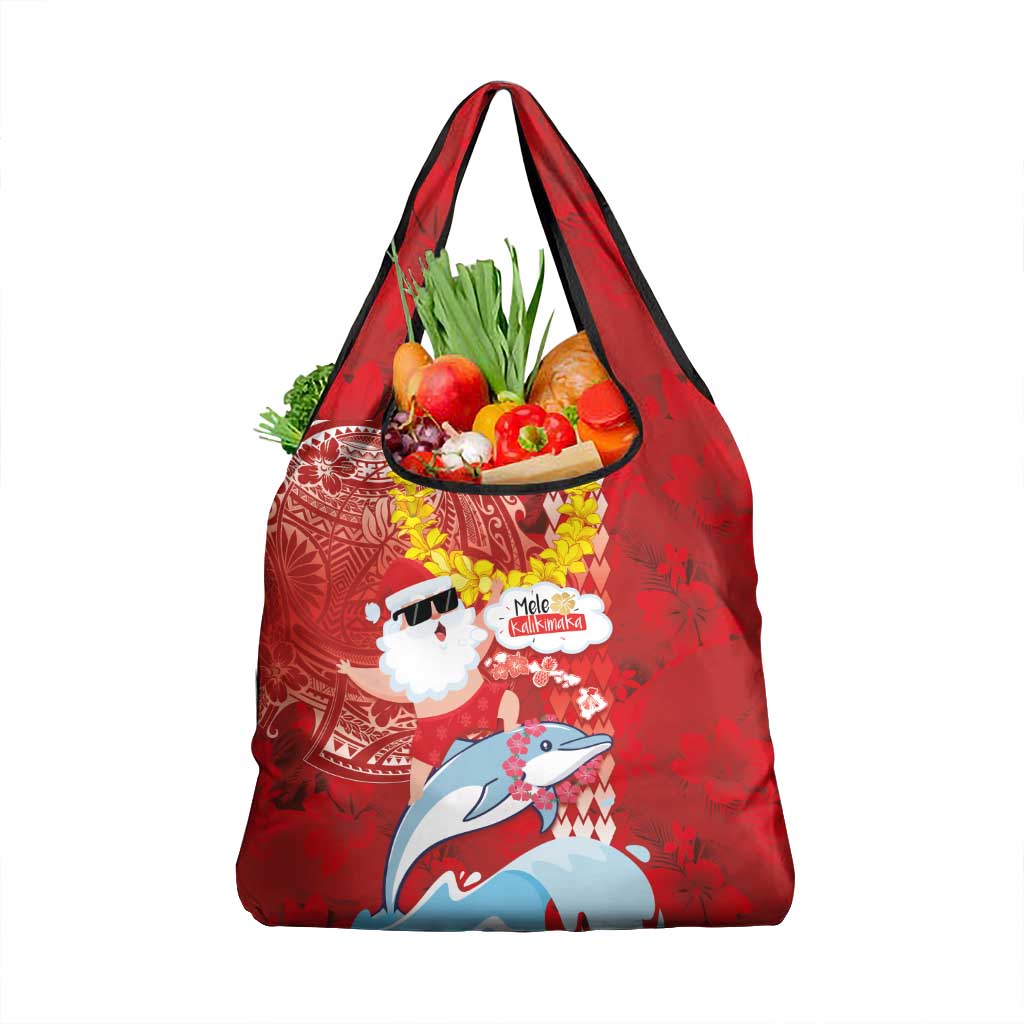 Hawaiian Mele Kalikimaka Grocery Bag Funny Santa Riding Lei Dolphin with Kakau Tattoos - Polynesian Pride