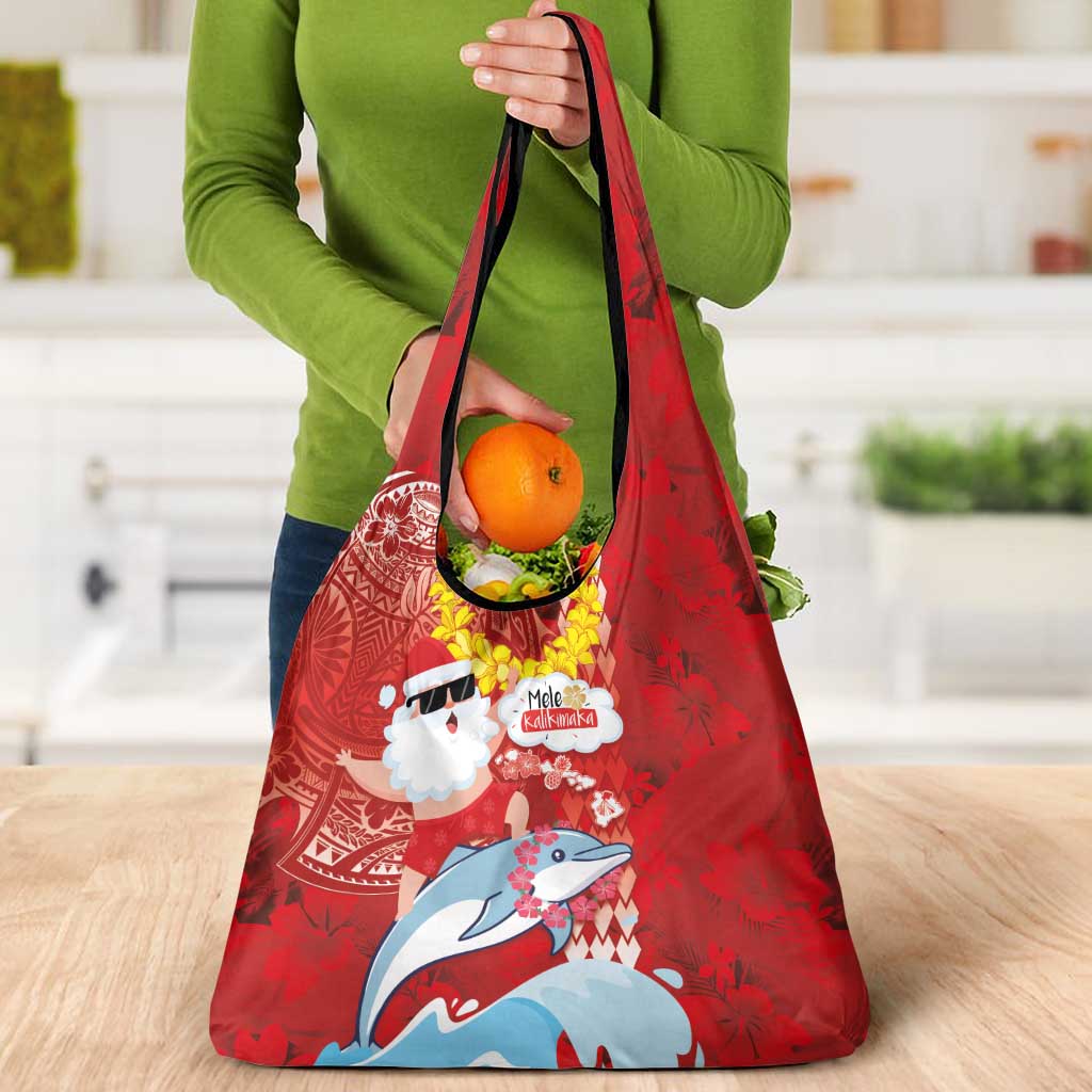 Hawaiian Mele Kalikimaka Grocery Bag Funny Santa Riding Lei Dolphin with Kakau Tattoos - Polynesian Pride