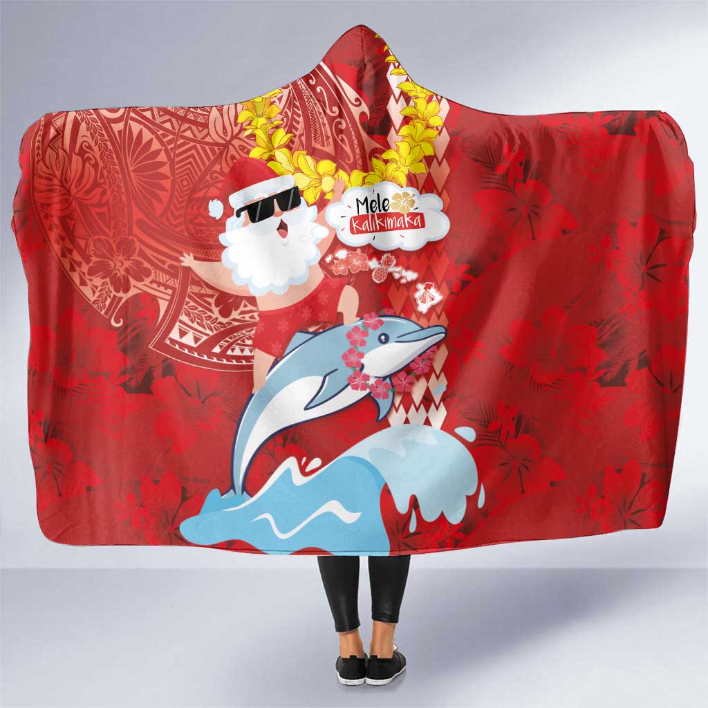 Hawaiian Mele Kalikimaka Hooded Blanket Funny Santa Riding Lei Dolphin with Kakau Tattoos - Polynesian Pride