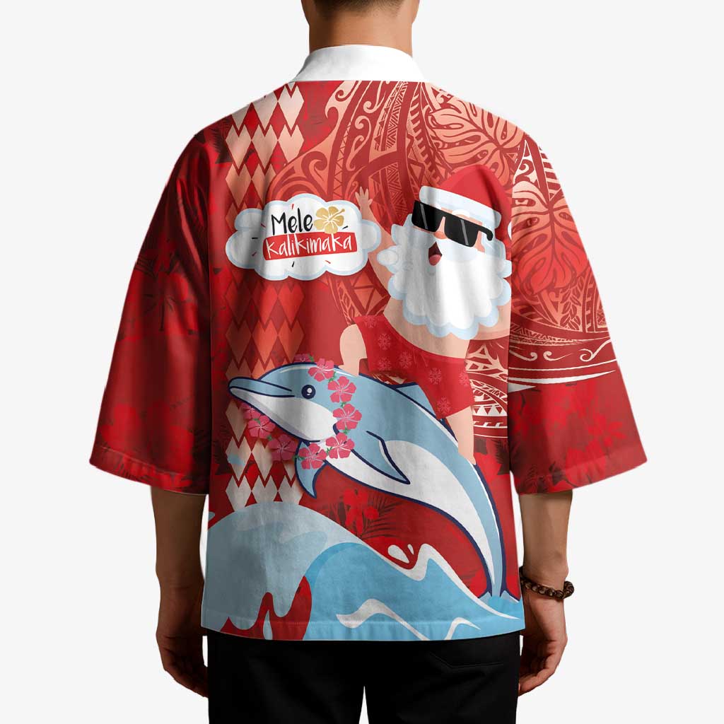 Hawaiian Mele Kalikimaka Kimono Funny Santa Riding Lei Dolphin with Kakau Tattoos - Polynesian Pride