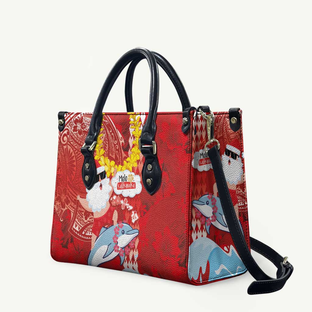 Hawaiian Mele Kalikimaka Leather Bag Funny Santa Riding Lei Dolphin with Kakau Tattoos - Polynesian Pride