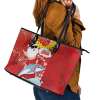 Hawaiian Mele Kalikimaka Leather Tote Bag Funny Santa Riding Lei Dolphin with Kakau Tattoos - Polynesian Pride