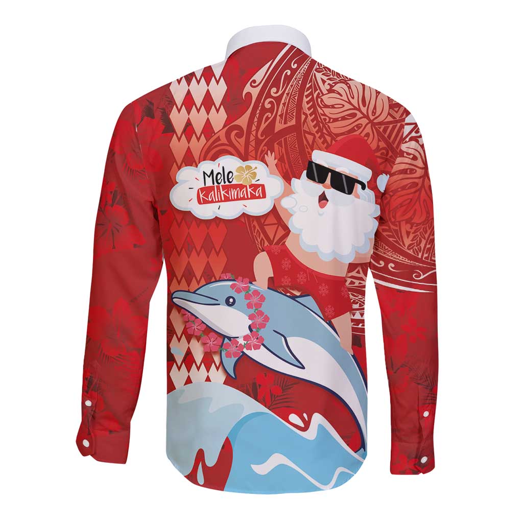 Hawaiian Mele Kalikimaka Long Sleeve Button Shirt Funny Santa Riding Lei Dolphin with Kakau Tattoos - Polynesian Pride