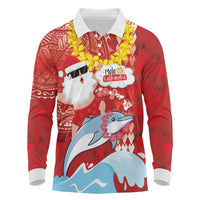 Hawaiian Mele Kalikimaka Long Sleeve Polo Shirt Funny Santa Riding Lei Dolphin with Kakau Tattoos - Polynesian Pride