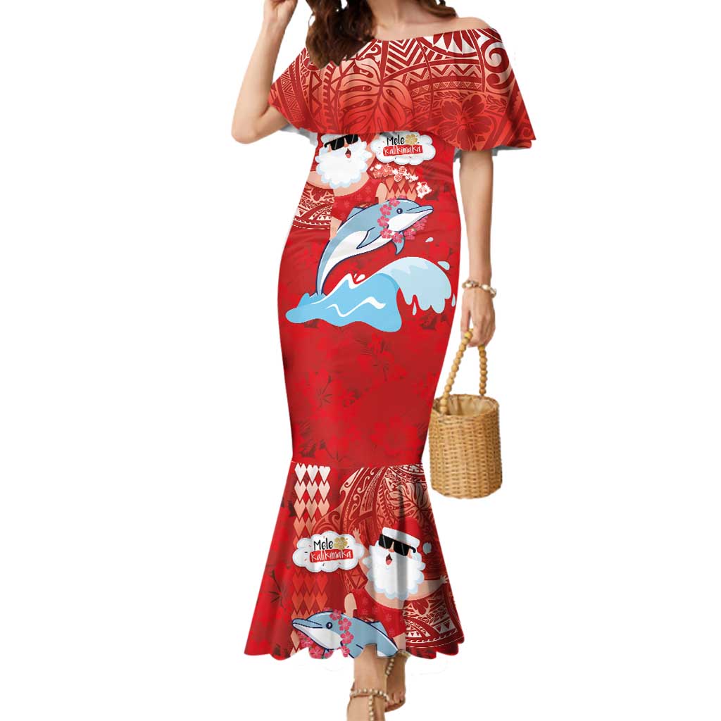 Hawaiian Mele Kalikimaka Mermaid Dress Funny Santa Riding Lei Dolphin with Kakau Tattoos - Polynesian Pride