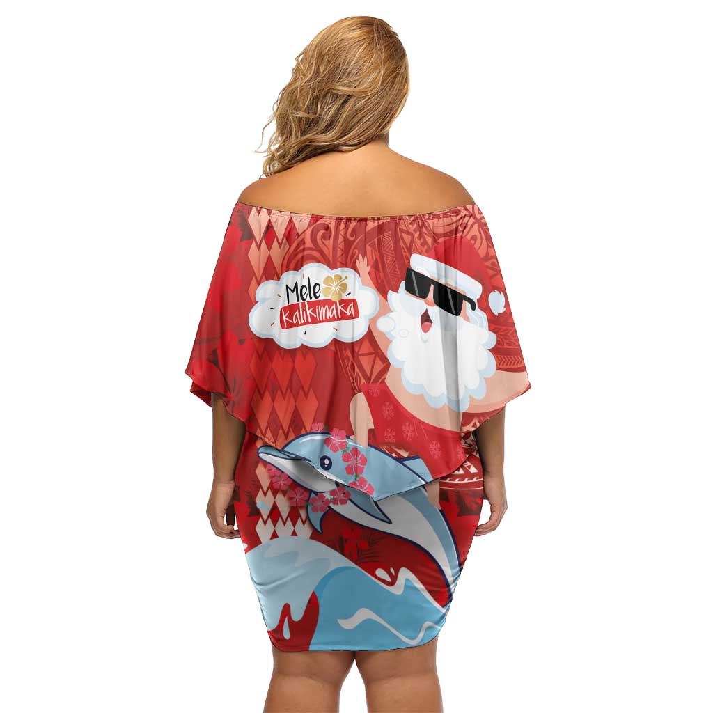 Hawaiian Mele Kalikimaka Off Shoulder Short Dress Funny Santa Riding Lei Dolphin with Kakau Tattoos - Polynesian Pride