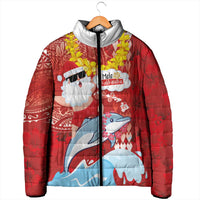 Hawaiian Mele Kalikimaka Padded Jacket Funny Santa Riding Lei Dolphin with Kakau Tattoos - Polynesian Pride
