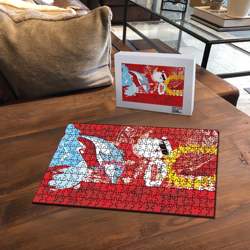 Hawaiian Mele Kalikimaka Puzzle Funny Santa Riding Lei Dolphin with Kakau Tattoos - Polynesian Pride