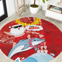Hawaiian Mele Kalikimaka Round Carpet Funny Santa Riding Lei Dolphin with Kakau Tattoos - Polynesian Pride