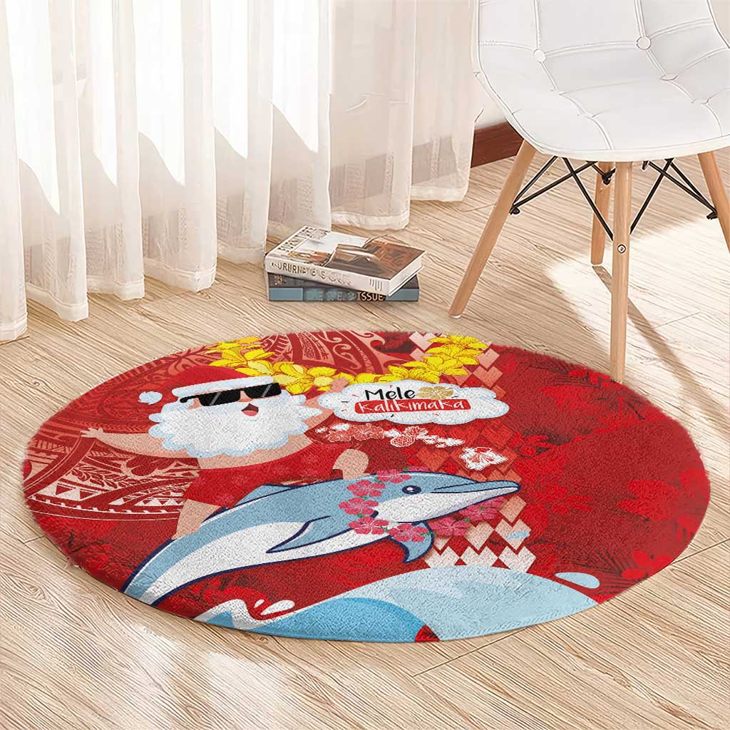 Hawaiian Mele Kalikimaka Round Carpet Funny Santa Riding Lei Dolphin with Kakau Tattoos - Polynesian Pride