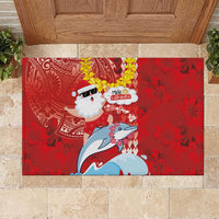 Hawaiian Mele Kalikimaka Rubber Doormat Funny Santa Riding Lei Dolphin with Kakau Tattoos - Polynesian Pride
