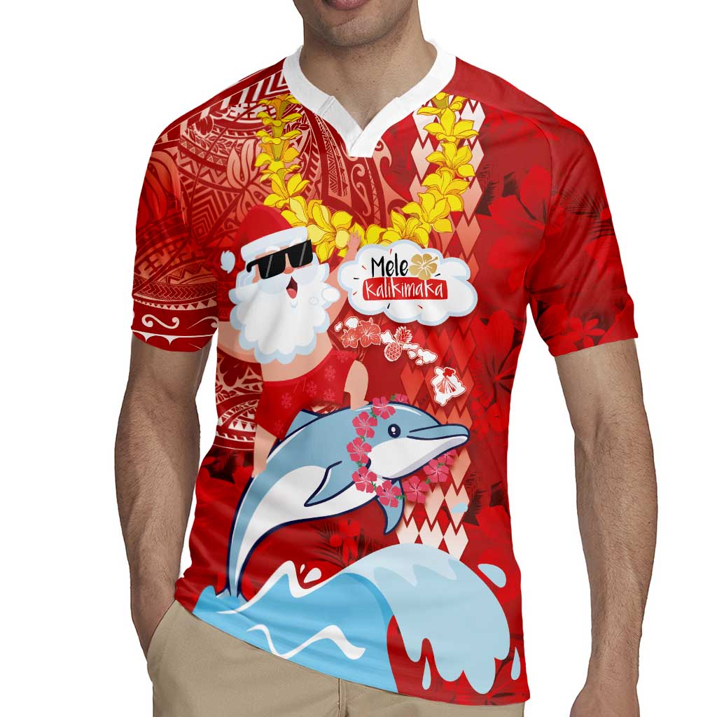 Hawaiian Mele Kalikimaka Rugby Jersey Funny Santa Riding Lei Dolphin with Kakau Tattoos - Polynesian Pride