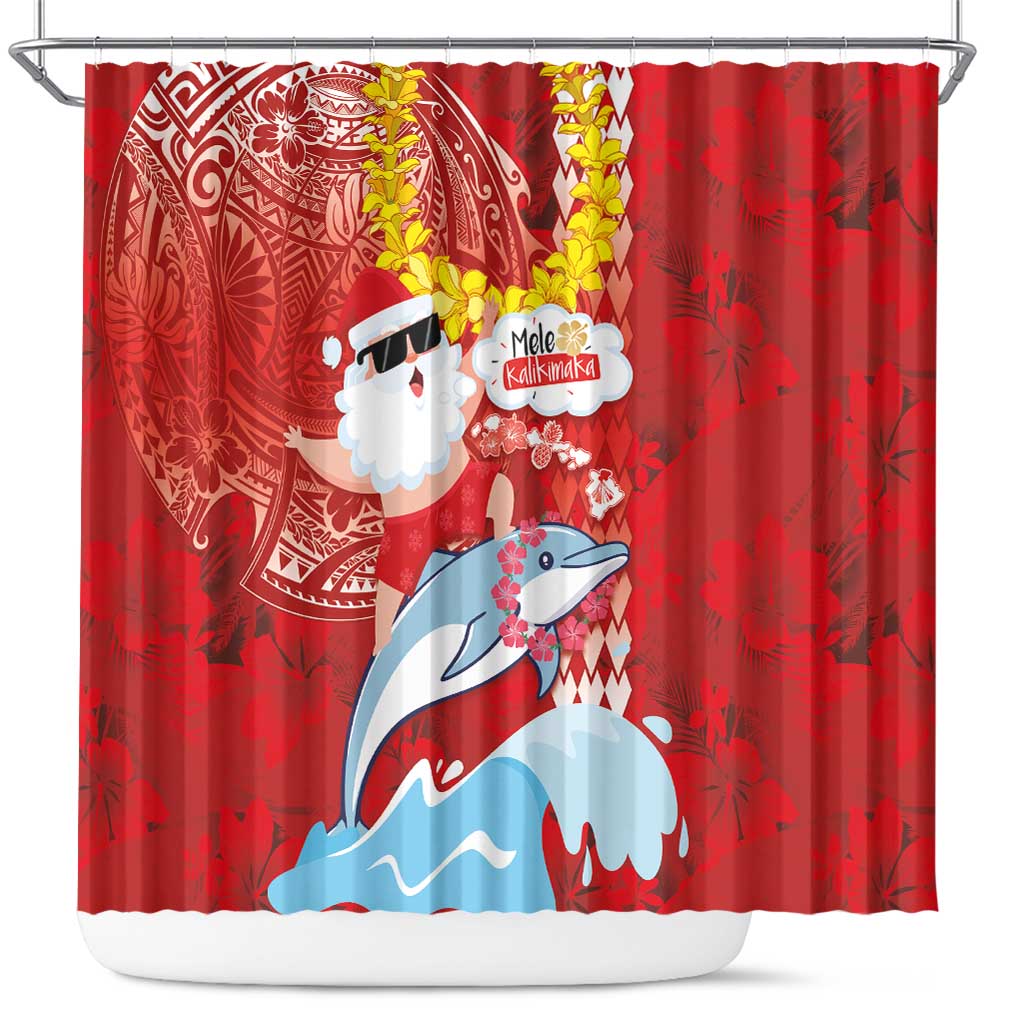 Hawaiian Mele Kalikimaka Shower Curtain Funny Santa Riding Lei Dolphin with Kakau Tattoos - Polynesian Pride