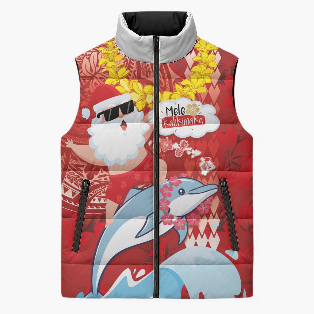 Hawaiian Mele Kalikimaka Sleeveless Puffer Jacket Funny Santa Riding Lei Dolphin with Kakau Tattoos - Polynesian Pride