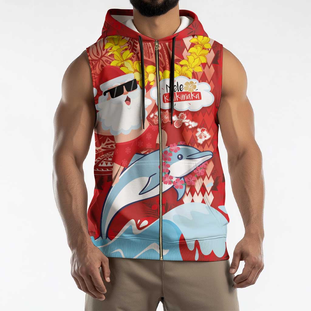Hawaiian Mele Kalikimaka Sleeveless Zip Hoodie Funny Santa Riding Lei Dolphin with Kakau Tattoos - Polynesian Pride