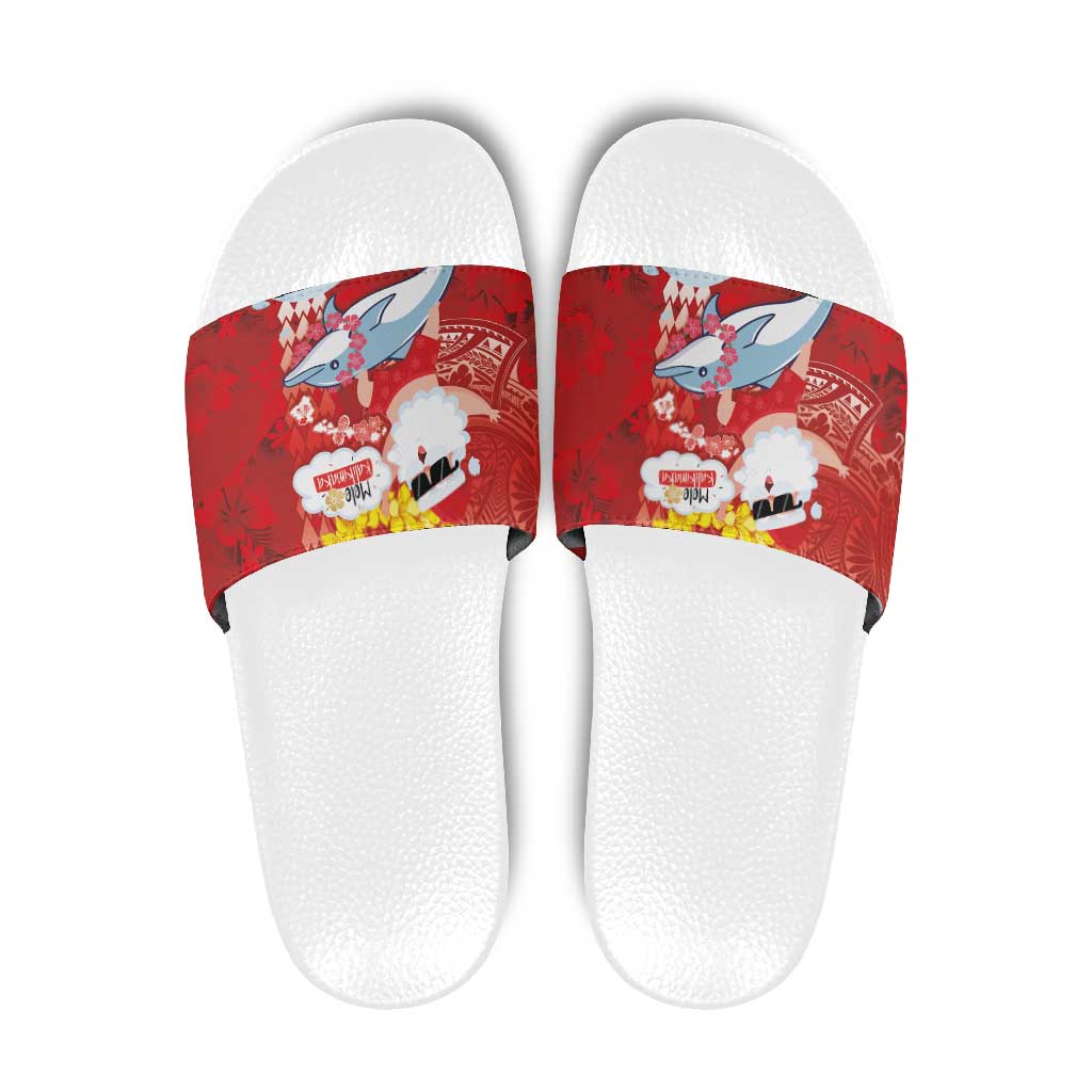Hawaiian Mele Kalikimaka Slide Sandals Funny Santa Riding Lei Dolphin with Kakau Tattoos - Polynesian Pride