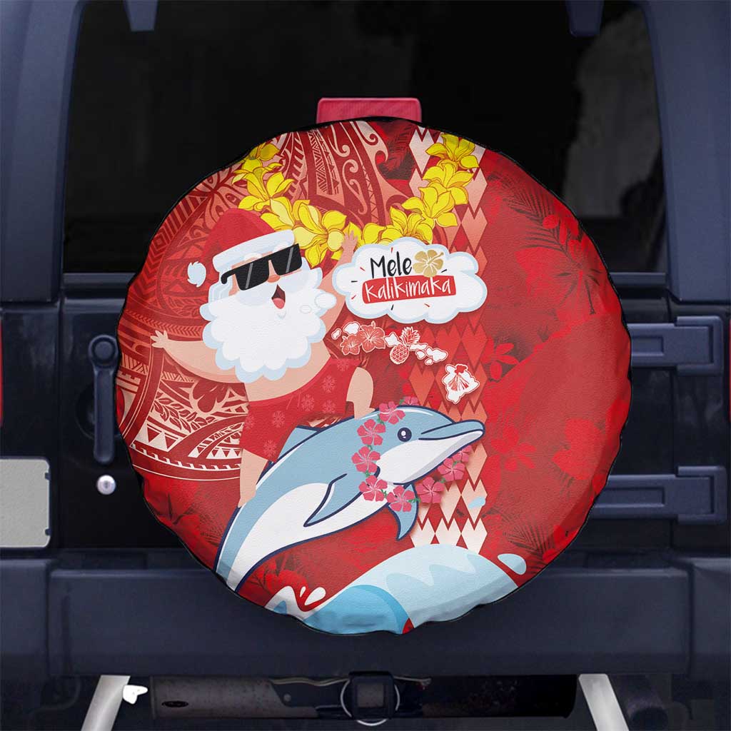 Hawaiian Mele Kalikimaka Spare Tire Cover Funny Santa Riding Lei Dolphin with Kakau Tattoos - Polynesian Pride